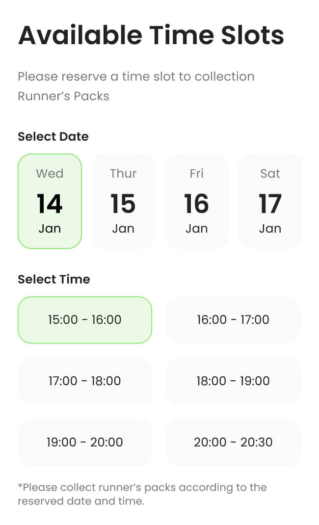 Reservation for Runner’s Pack Collection